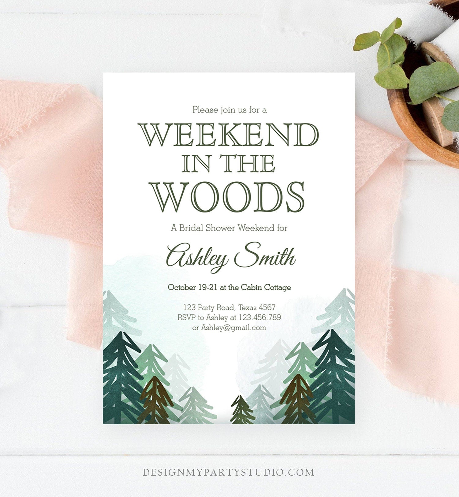 Editable Weekend in the Woods Bridal Shower Invitation Bachelorette Bachelor Forest Camping Outdoor Party Birthday Party Corjl Template 0295