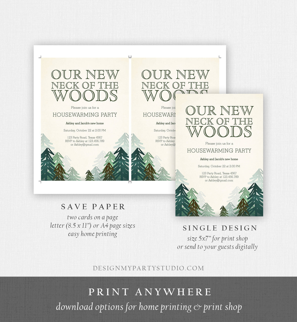 Editable Housewarming Party Invitation Our New Neck of the Woods Forest Winter Fall Party Rustic Download Printable Corjl Template 0295