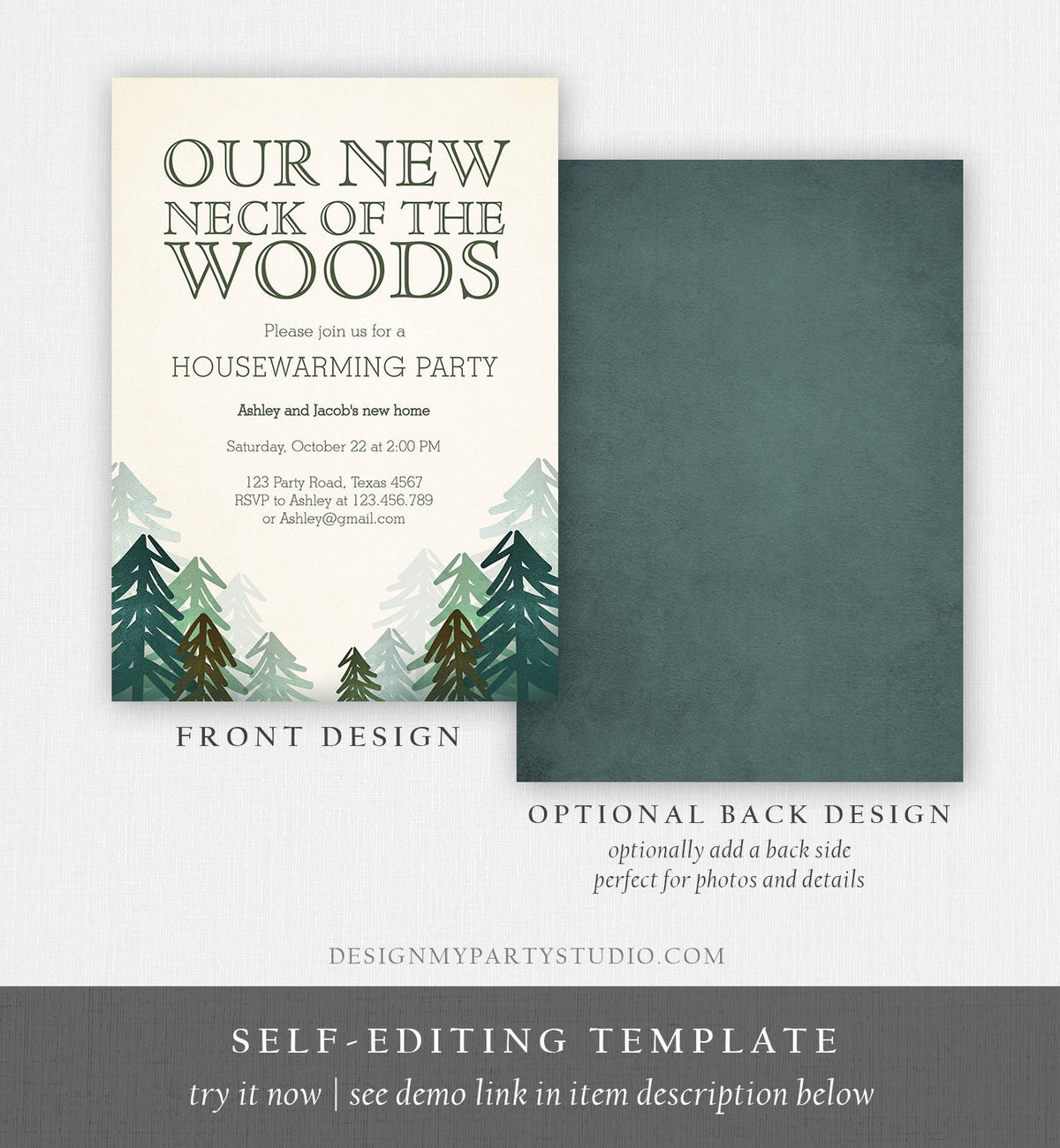 Editable Housewarming Party Invitation Our New Neck of the Woods Forest Winter Fall Party Rustic Download Printable Corjl Template 0295