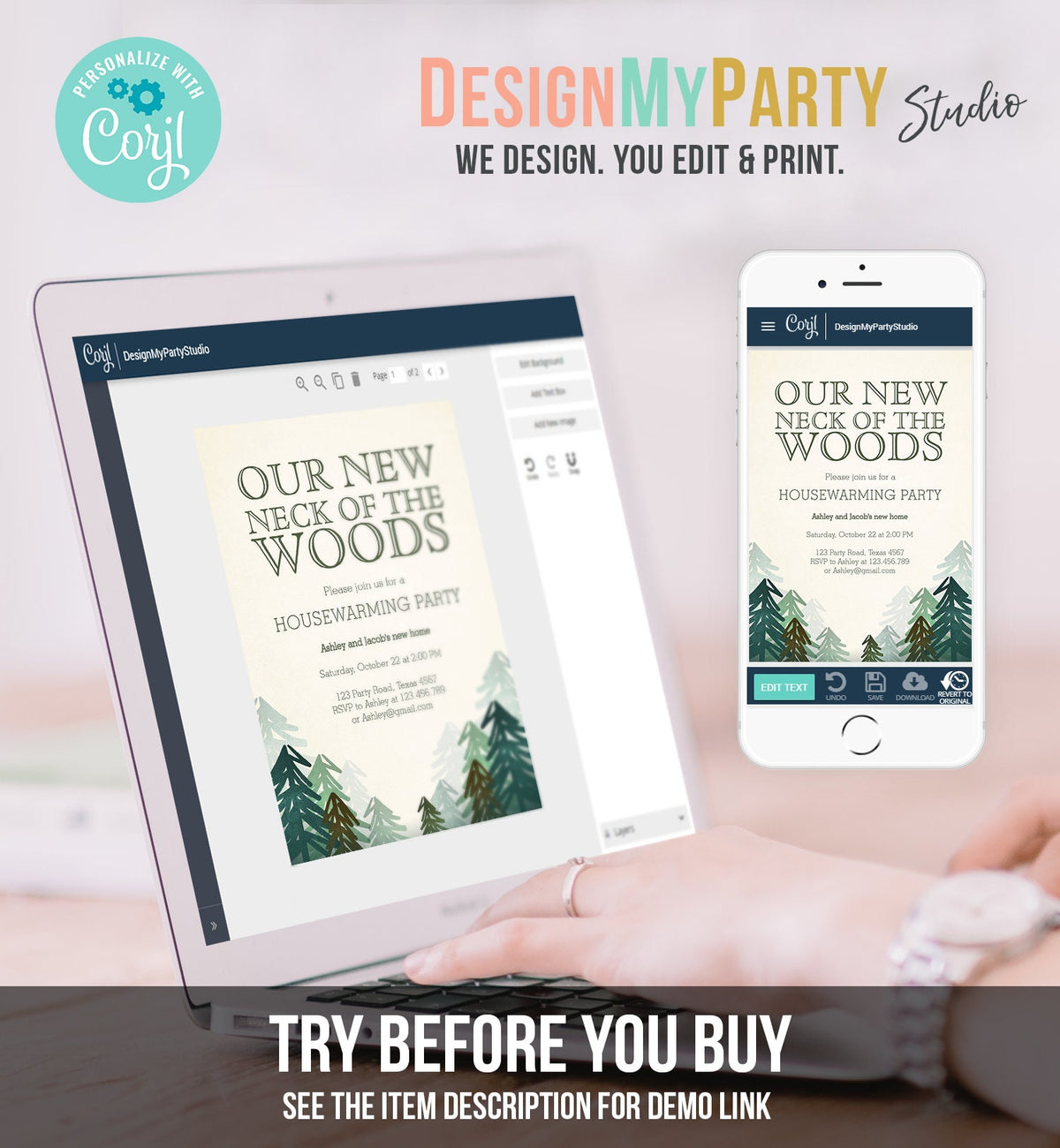Editable Housewarming Party Invitation Our New Neck of the Woods Forest Winter Fall Party Rustic Download Printable Corjl Template 0295