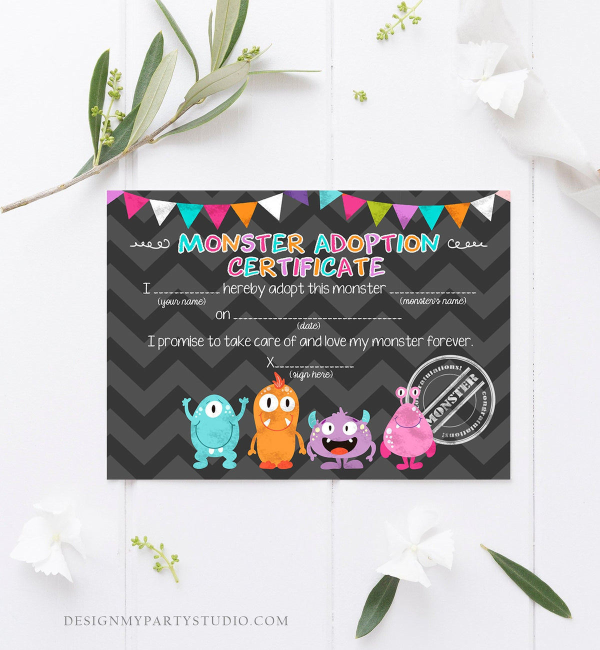 Adopt a Monster Certificate Girl Monster Birthday Monster Adoption Certificate Monster Decor Instant download PRINTABLE Digital DIY 0058