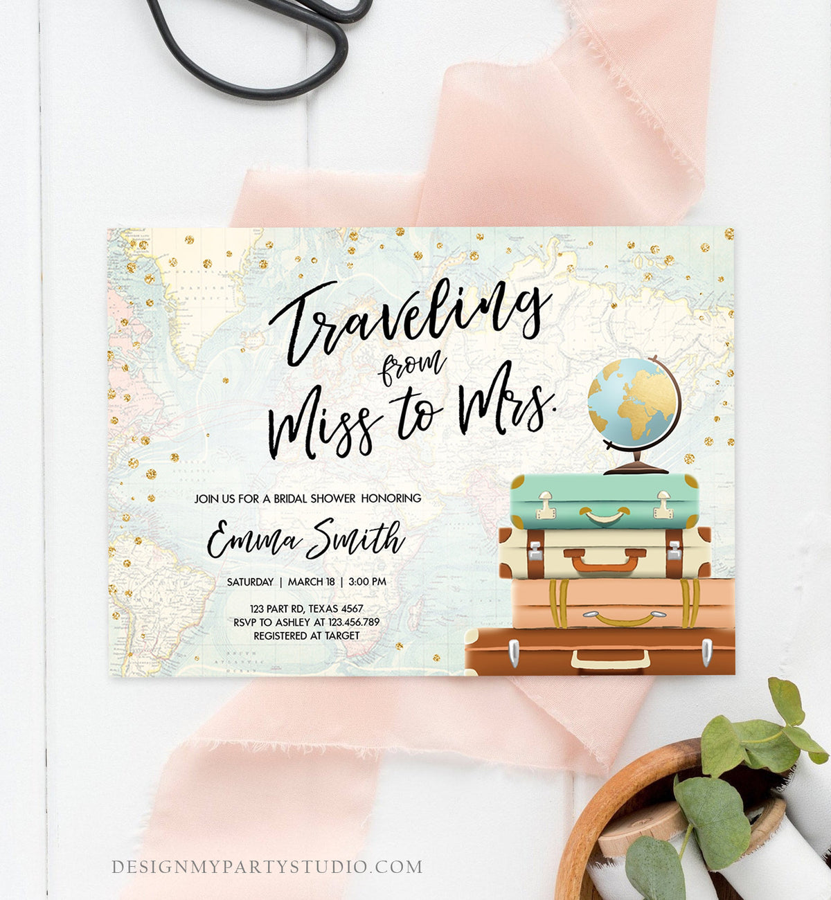 Editable Bridal Shower Invitation Traveling from Miss to Mrs Travel World Map Suitcase Vintage Floral Download Printable Template Corjl 0263