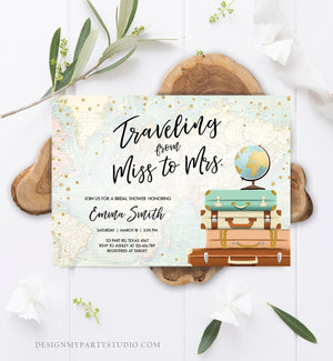Editable Bridal Shower Invitation Traveling from Miss to Mrs Travel World Map Suitcase Vintage Floral Download Printable Template Corjl 0263