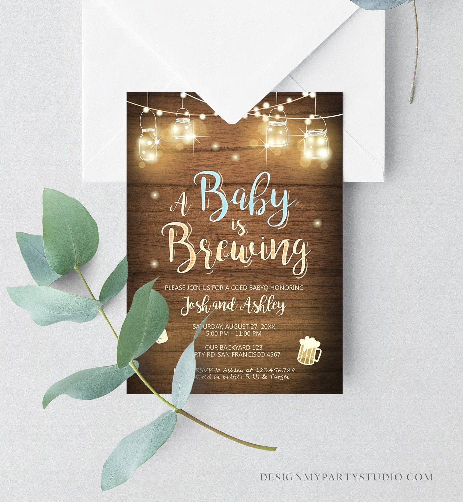 Editable A Baby is Brewing Invitation Bottle and Beers Baby Shower BaByQ BBQ Coed Couples Shower Boy Download Printable Template Corjl 0015