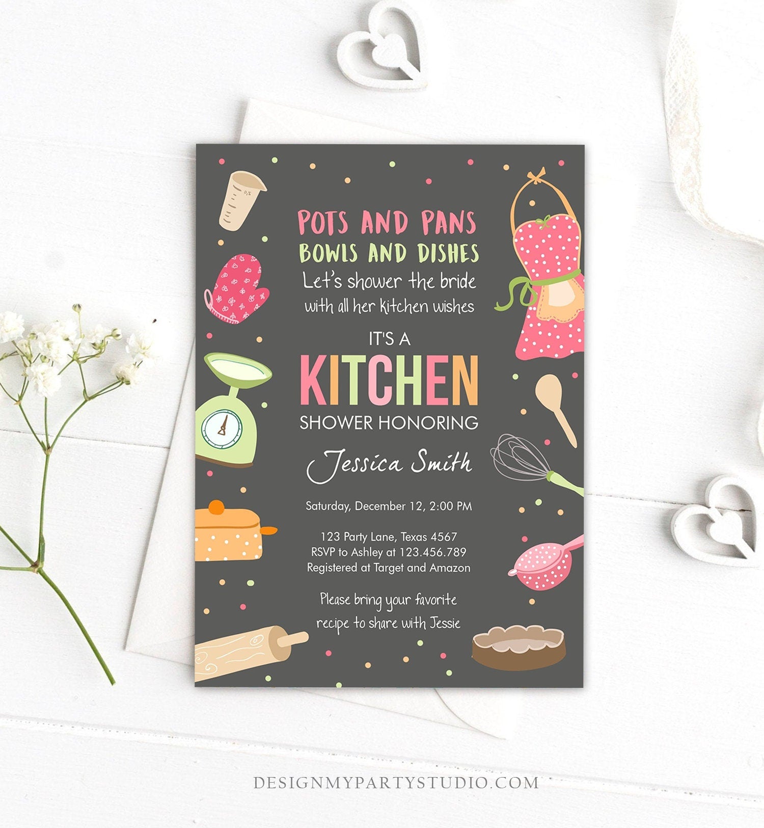 Editable Stock the Kitchen Bridal Shower Invitation Cooking Kitchen Shower Pink Invite Pots and Pans Download Printable Template Corjl 0219