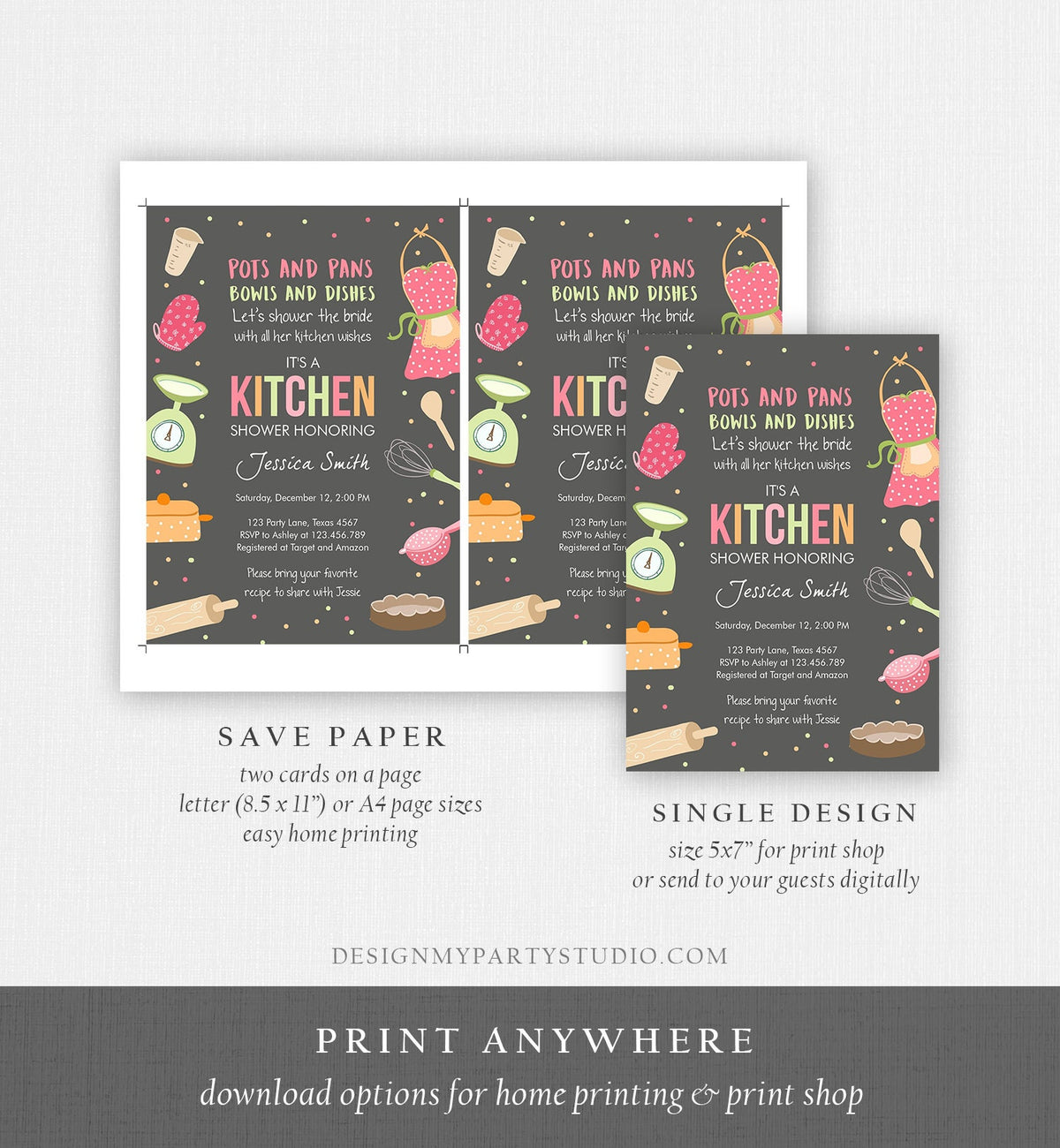 Editable Stock the Kitchen Bridal Shower Invitation Cooking Kitchen Shower Pink Invite Pots and Pans Download Printable Template Corjl 0219