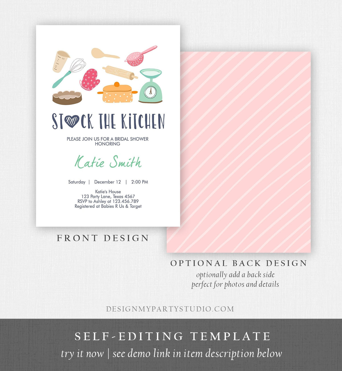 Editable Stock the Kitchen Bridal Shower Invitation Cooking Kitchen Shower Pink Invite Pots and Pans Download Printable Template Corjl 0219