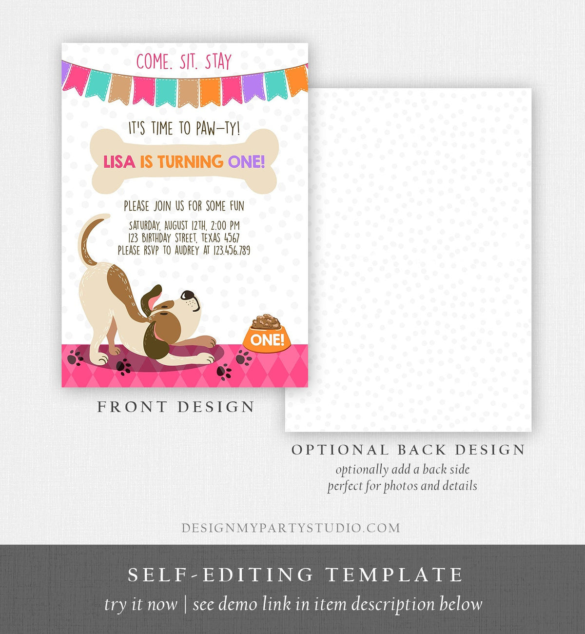 Editable Puppy Dog Birthday Invitation Pawty Girl Birthday Dog Theme Puppy Party Dog Pink Download Printable Invitation Template Corjl 0048