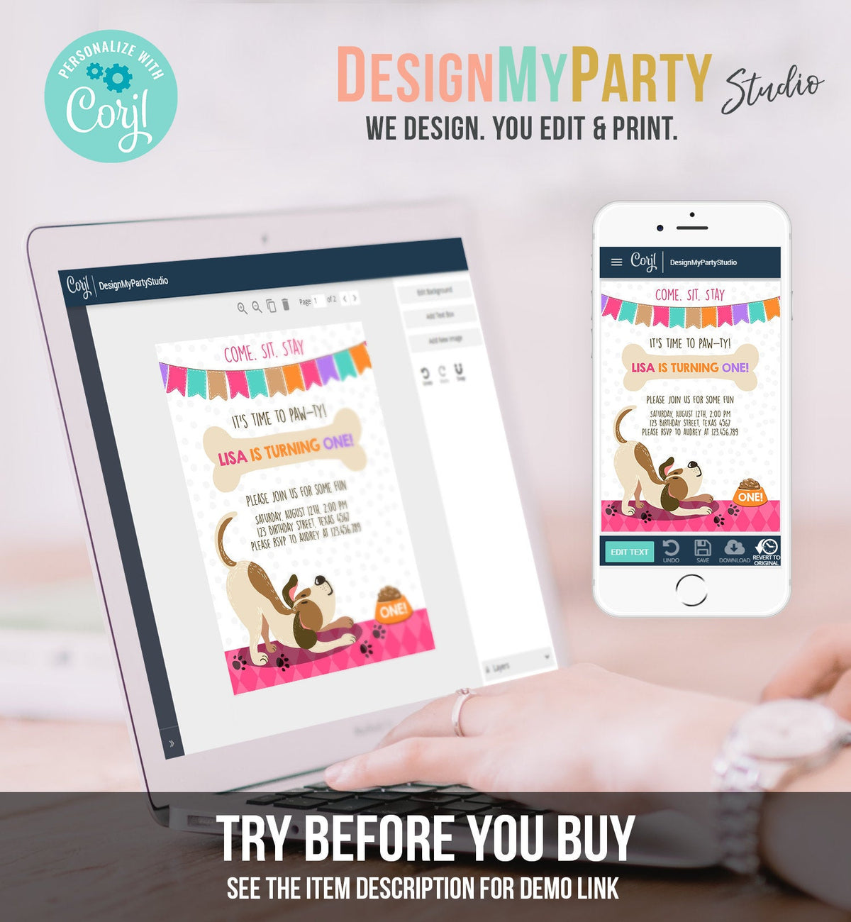 Editable Puppy Dog Birthday Invitation Pawty Girl Birthday Dog Theme Puppy Party Dog Pink Download Printable Invitation Template Corjl 0048