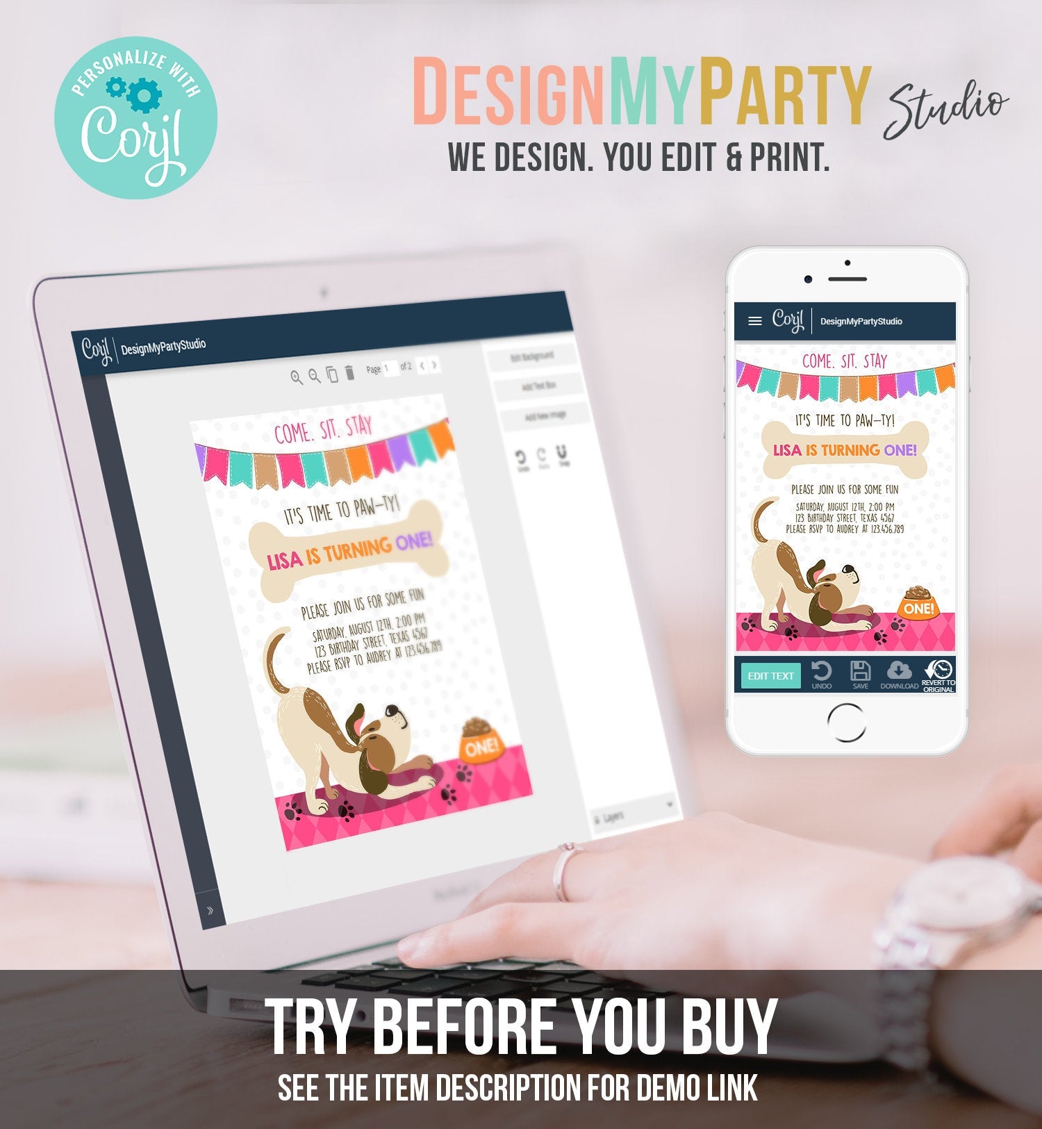 Editable Puppy Dog Birthday Invitation Pawty Girl Birthday Dog Theme Puppy Party Dog Pink Download Printable Invitation Template Corjl 0048