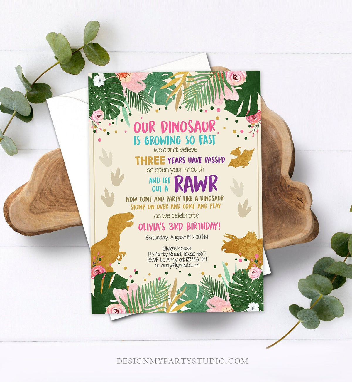 Editable Gold Dinosaur Birthday Invitation ANY AGE Dino Party T-Rex Prehistoric Rawr Girl Pink Gold Download Printable Corjl Template 0388