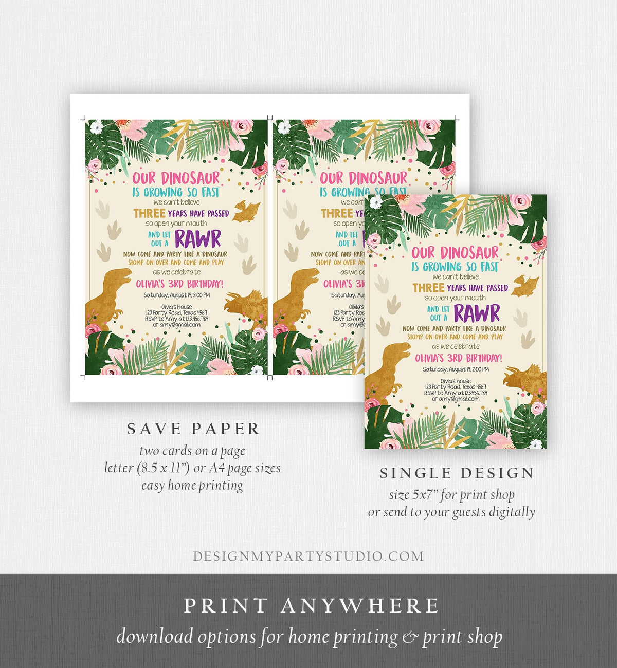 Editable Gold Dinosaur Birthday Invitation ANY AGE Dino Party T-Rex Prehistoric Rawr Girl Pink Gold Download Printable Corjl Template 0388
