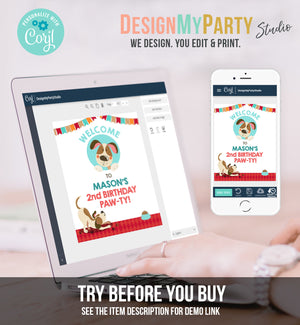Editable Puppy Welcome Sign Dog Birthday Boy Blue Dog Party Welcome Pawty Puppy Party Dog Theme Birthday Template PRINTABLE Corjl 0048