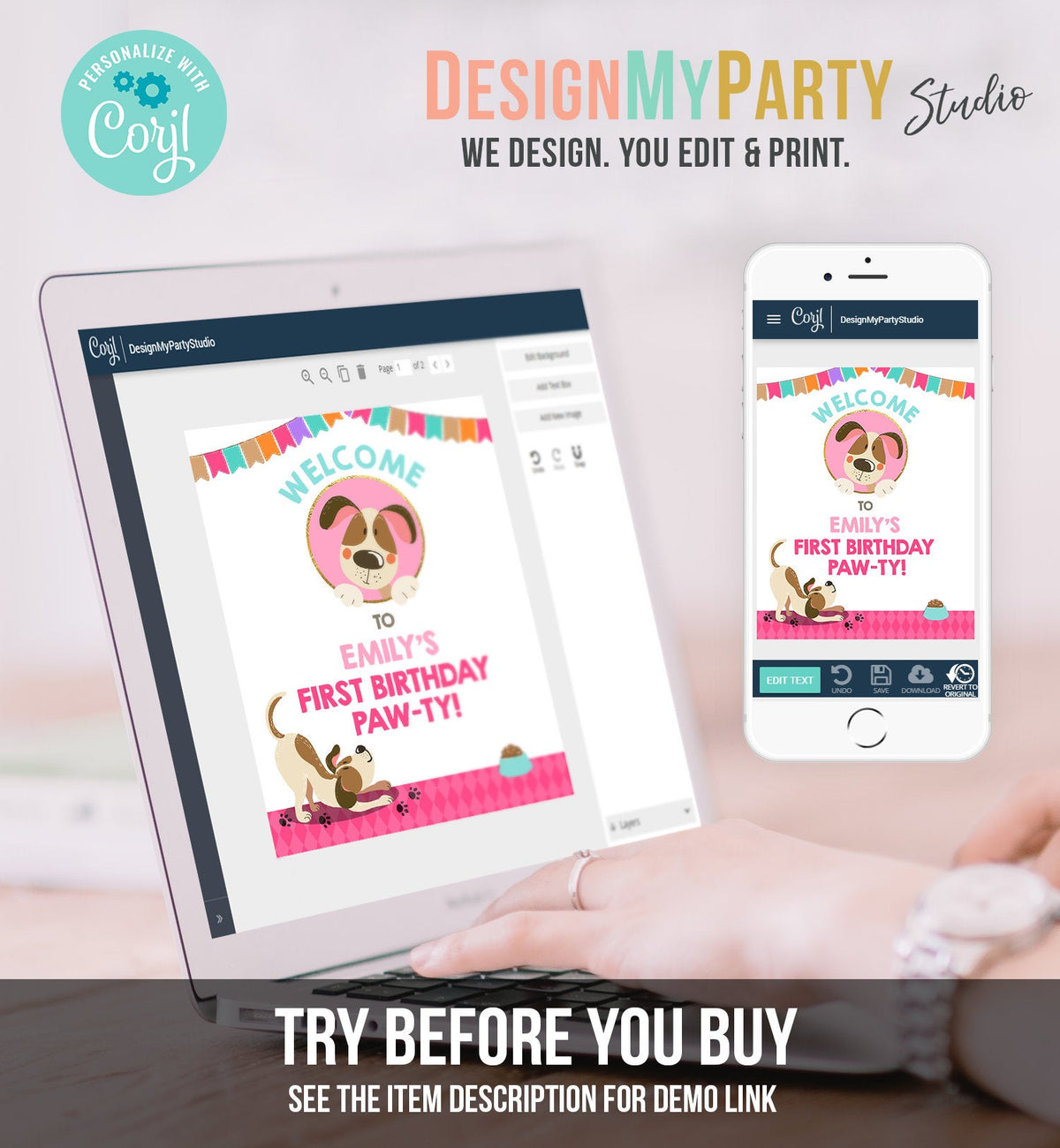 Editable Puppy Welcome Sign Dog Birthday Girl Pink Dog Party Welcome Pawty Puppy Party Dog Theme Birthday Template PRINTABLE Corjl 0048