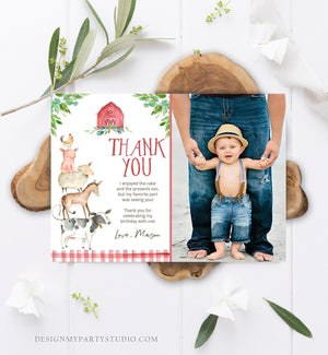 Editable Farm Animals Thank you Card Red Gingham Farm Birthday Boy Barnyard Thank You Card Birthday Template Instant Download Corjl 0155