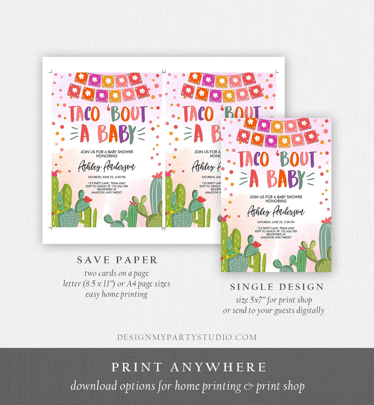 Editable Taco Bout a Baby Shower Invitation Cactus Mexican Fiesta Baby Shower Taco Download Printable Invitation Template Corjl 0135