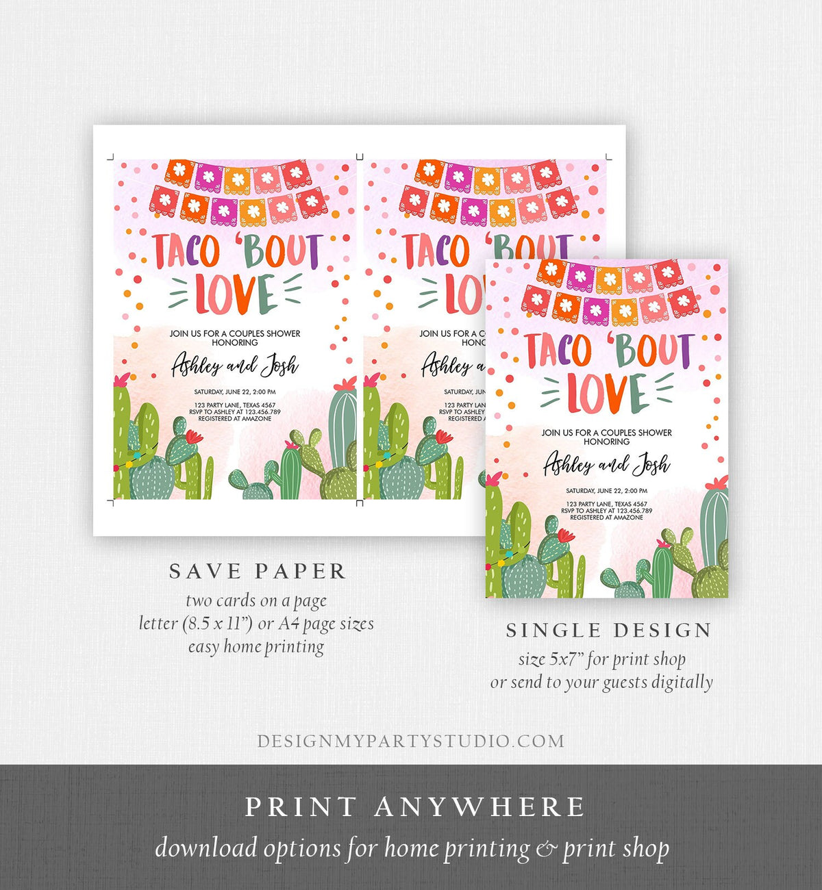 Editable Taco Bout Love Couples Shower Invitation Fiesta Cactus Succulent Mexican Green Pink Digital Download Corjl Template Printable 0135