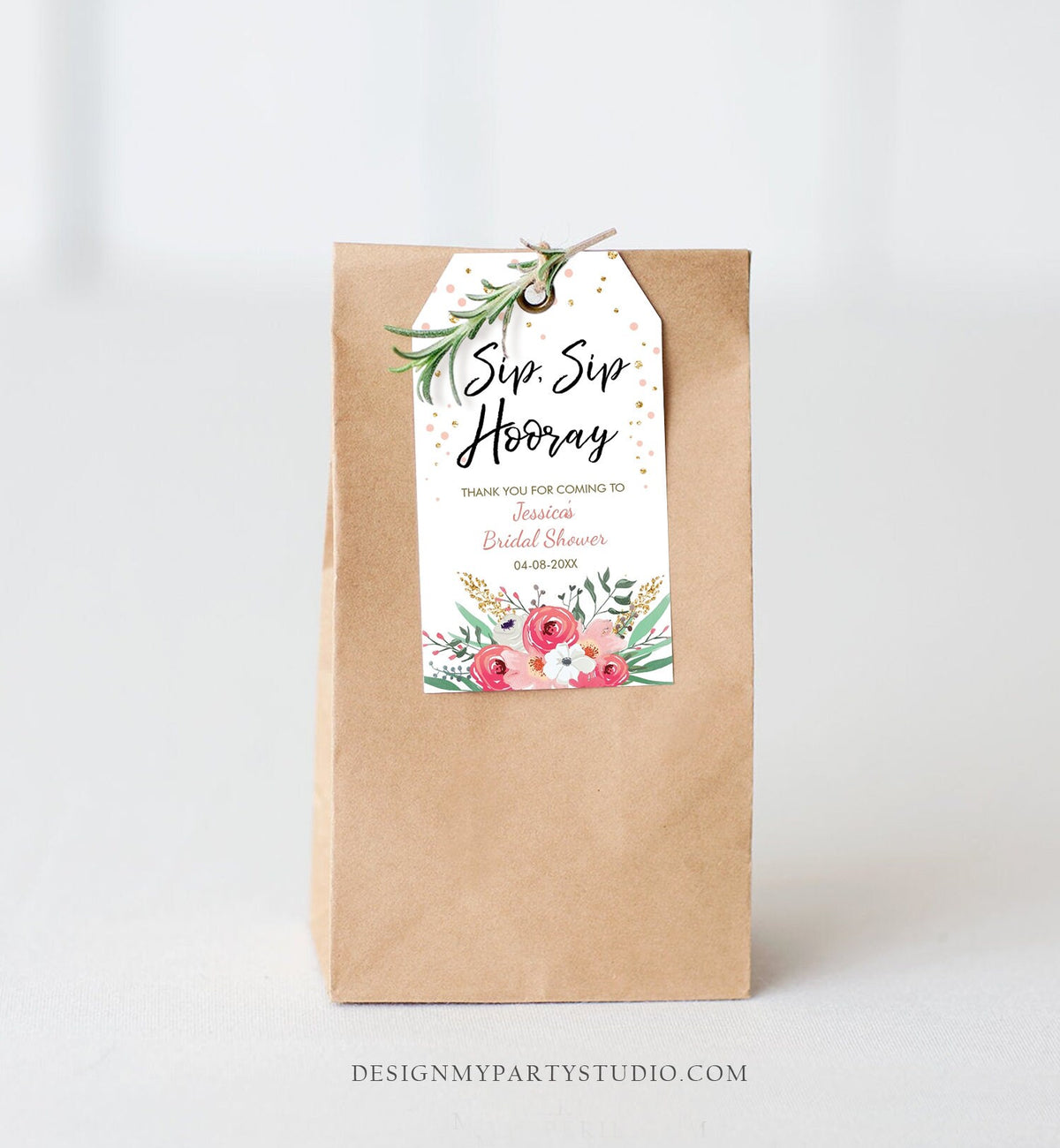 Editable Sip Sip Hooray Bridal Shower Thank You Tags Mini Wine Champagne Bottle Favor Wedding Pink Floral Gold Confetti Corjl Template 0059
