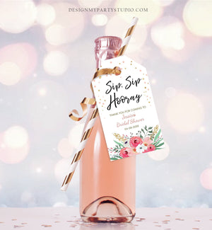 Editable Sip Sip Hooray Bridal Shower Thank You Tags Mini Wine Champagne Bottle Favor Wedding Pink Floral Gold Confetti Corjl Template 0059