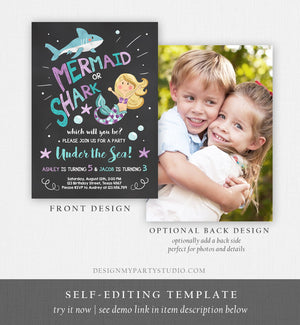 Editable Mermaid or Shark Birthday Invitation Under The Sea Party Coed Pool Party Brother Sister Download Corjl Template Printable 0197
