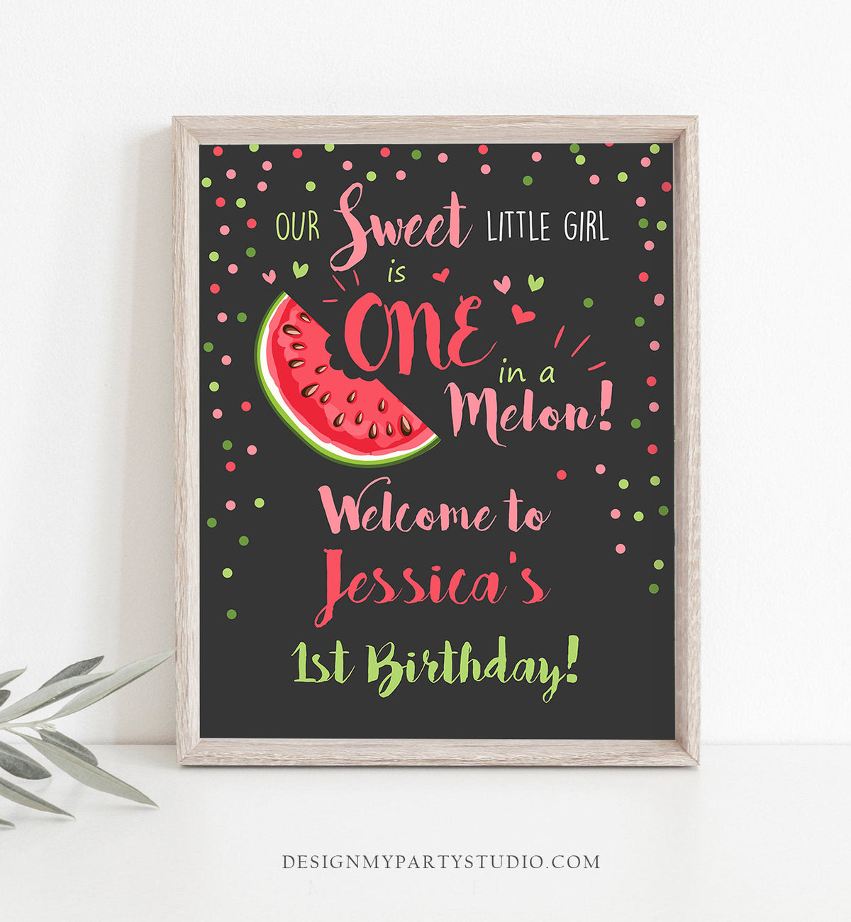 Editable Watermelon Welcome Sign Birthday Girl Pink Red One in a Melon Party Summer Fruit First Birthday 1st Corjl Template Printable 0120