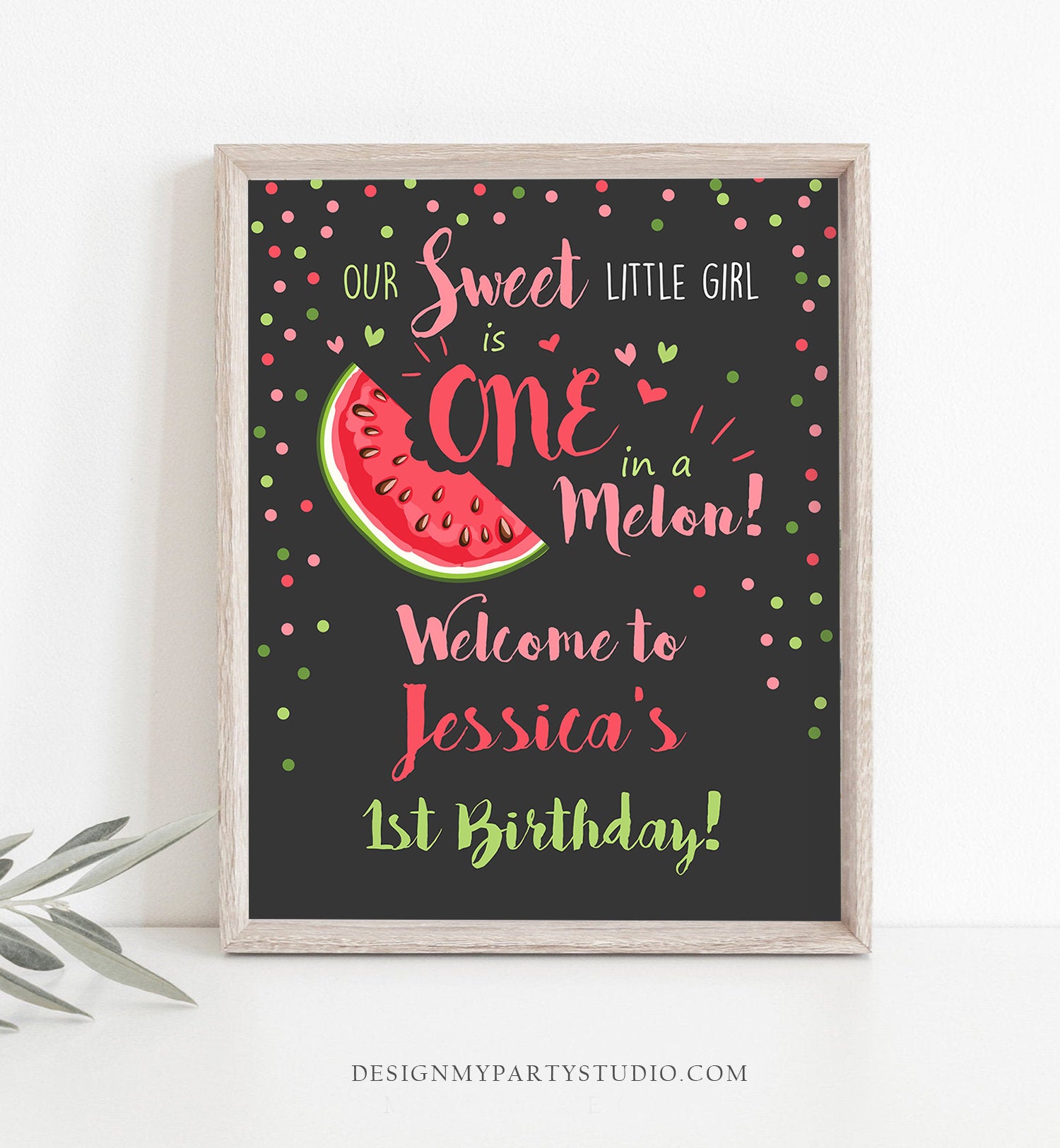 Editable Watermelon Welcome Sign Birthday Girl Pink Red One in a Melon Party Summer Fruit First Birthday 1st Corjl Template Printable 0120