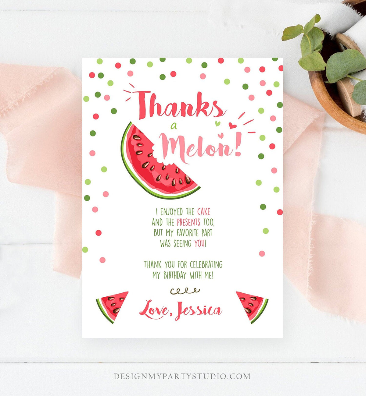 Editable Thanks a Melon Thank You Card Watermelon First Birthday Party Girl Pink Red Melon Summer Fruit Photo Corjl Template Printable 0120