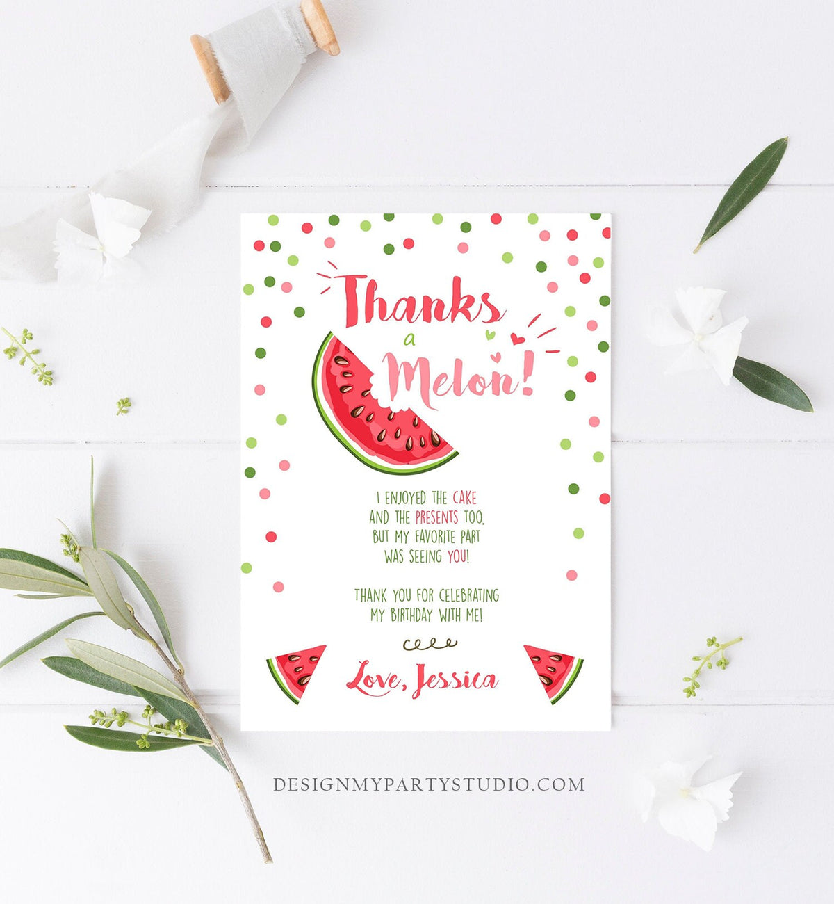Editable Thanks a Melon Thank You Card Watermelon First Birthday Party Girl Pink Red Melon Summer Fruit Photo Corjl Template Printable 0120