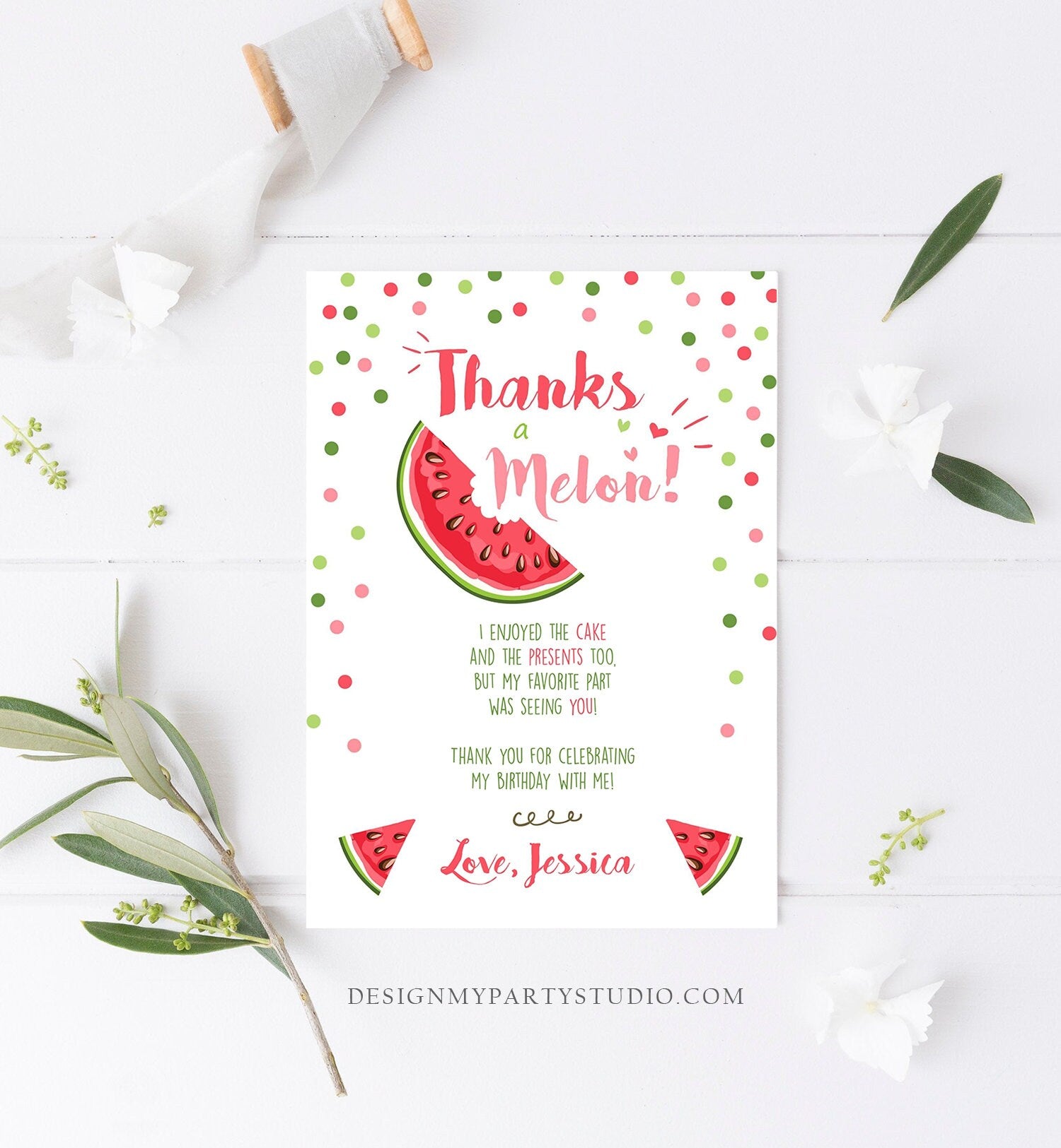 Editable Thanks a Melon Thank You Card Watermelon First Birthday Party Girl Pink Red Melon Summer Fruit Photo Corjl Template Printable 0120