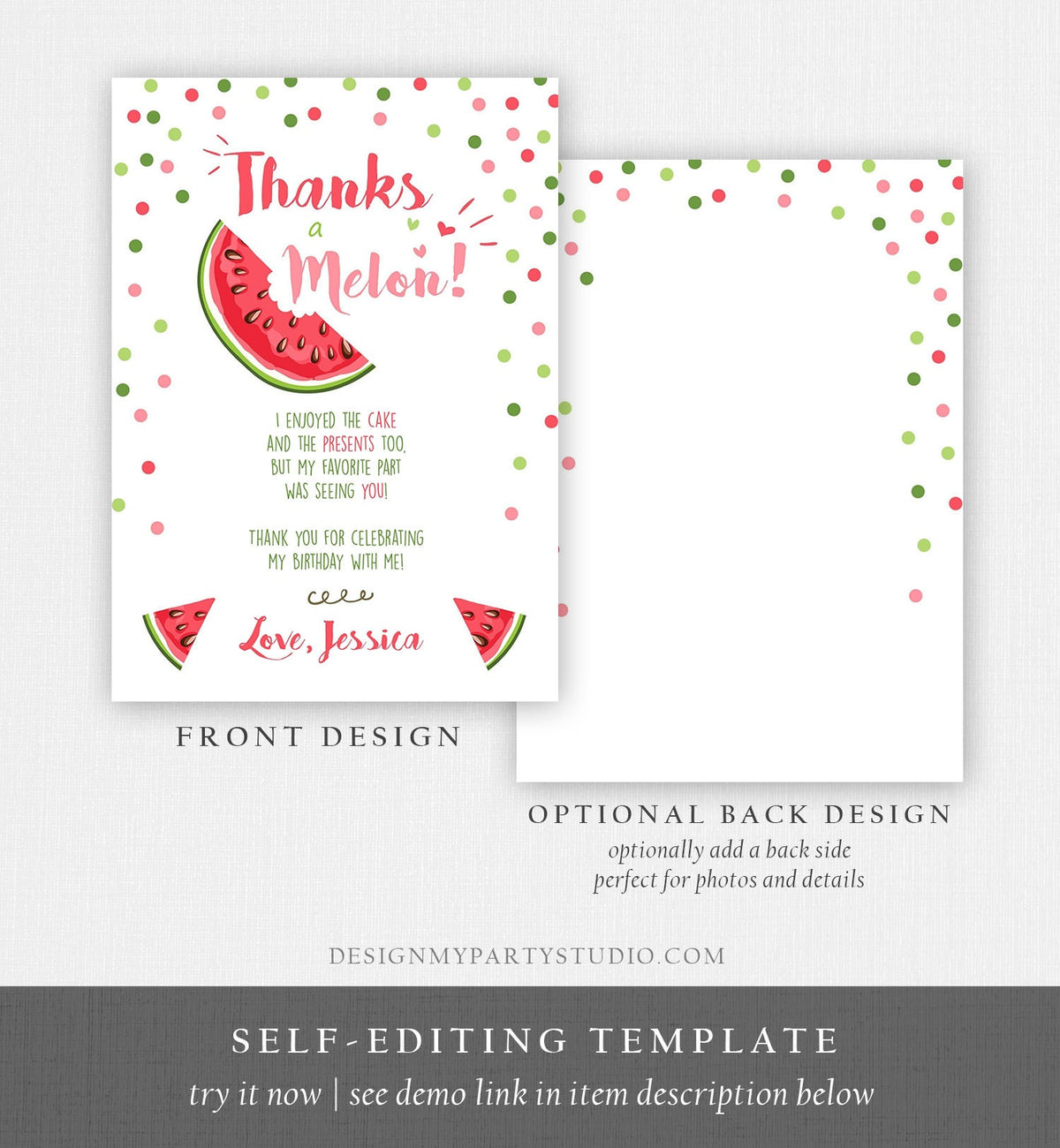Editable Thanks a Melon Thank You Card Watermelon First Birthday Party Girl Pink Red Melon Summer Fruit Photo Corjl Template Printable 0120