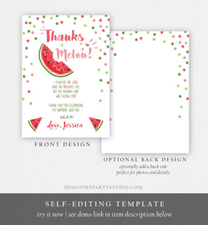 Editable Thanks a Melon Thank You Card Watermelon First Birthday Party Girl Pink Red Melon Summer Fruit Photo Corjl Template Printable 0120