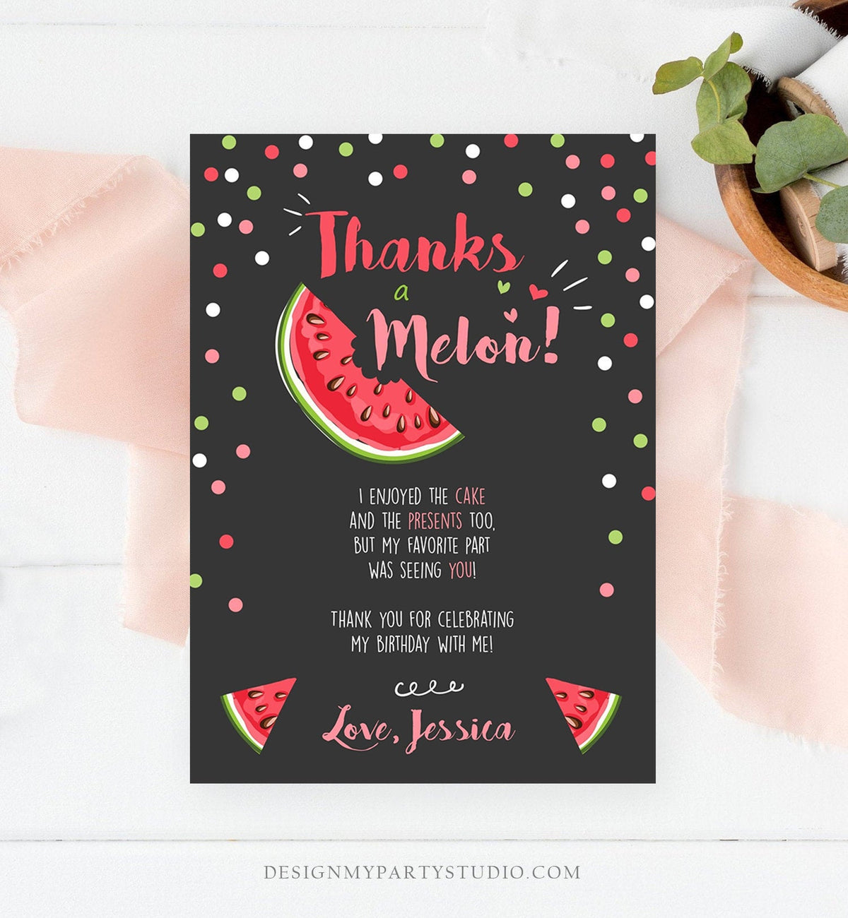 Editable Thanks a Melon Thank You Card Watermelon First Birthday Party Girl Pink Red Melon Summer Fruit Photo Corjl Template Printable 0120