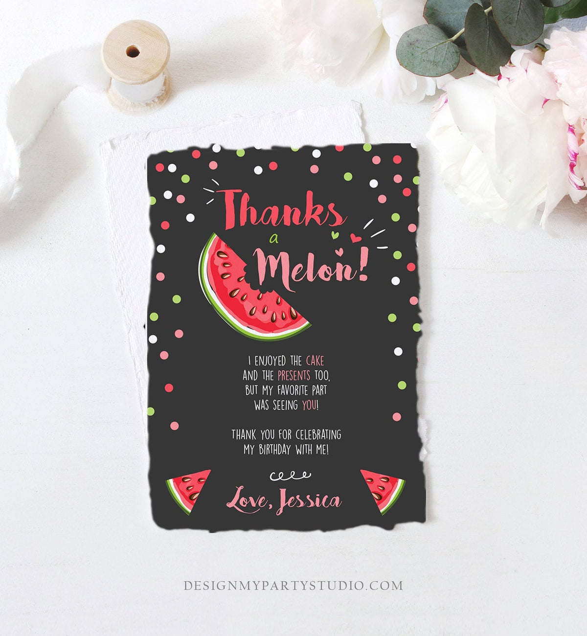Editable Thanks a Melon Thank You Card Watermelon First Birthday Party Girl Pink Red Melon Summer Fruit Photo Corjl Template Printable 0120