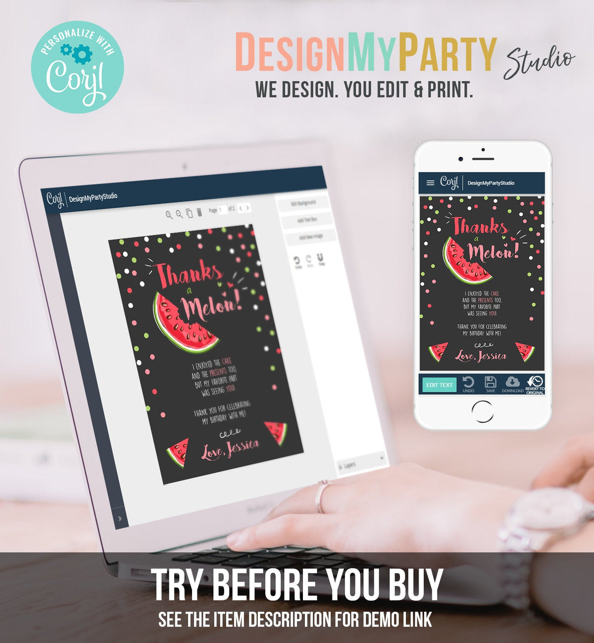 Editable Thanks a Melon Thank You Card Watermelon First Birthday Party Girl Pink Red Melon Summer Fruit Photo Corjl Template Printable 0120