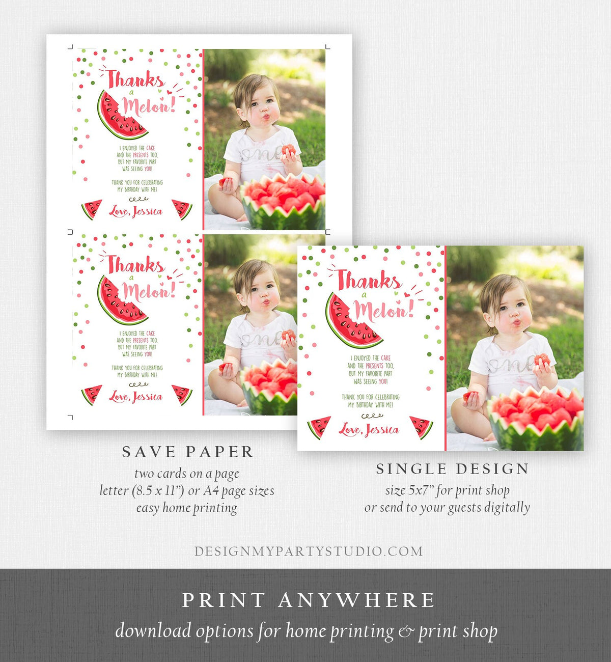Editable Thanks a Melon Thank You Card Watermelon First Birthday Party Girl Pink Red Melon Summer Fruit Photo Corjl Template Printable 0120