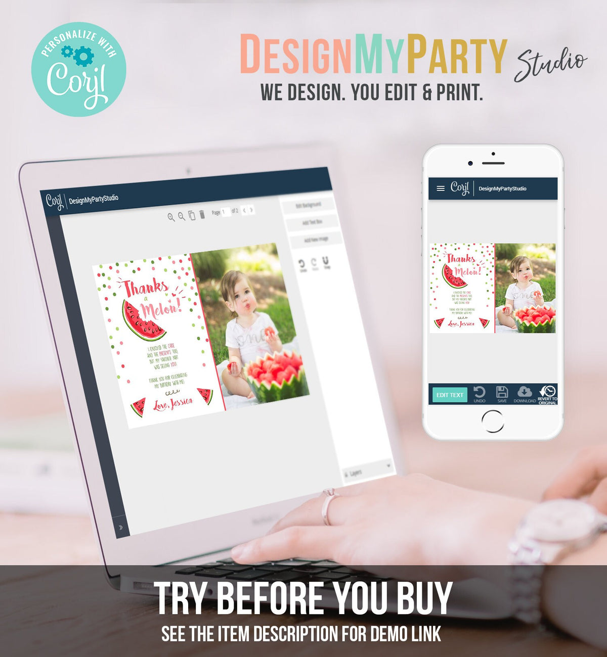 Editable Thanks a Melon Thank You Card Watermelon First Birthday Party Girl Pink Red Melon Summer Fruit Photo Corjl Template Printable 0120