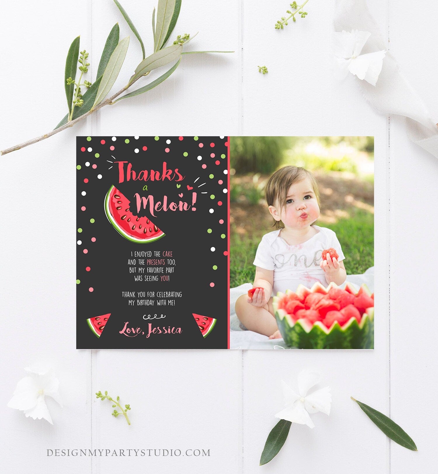 Editable Thanks a Melon Thank You Card Watermelon First Birthday Party Girl Pink Red Melon Summer Fruit Photo Corjl Template Printable 0120