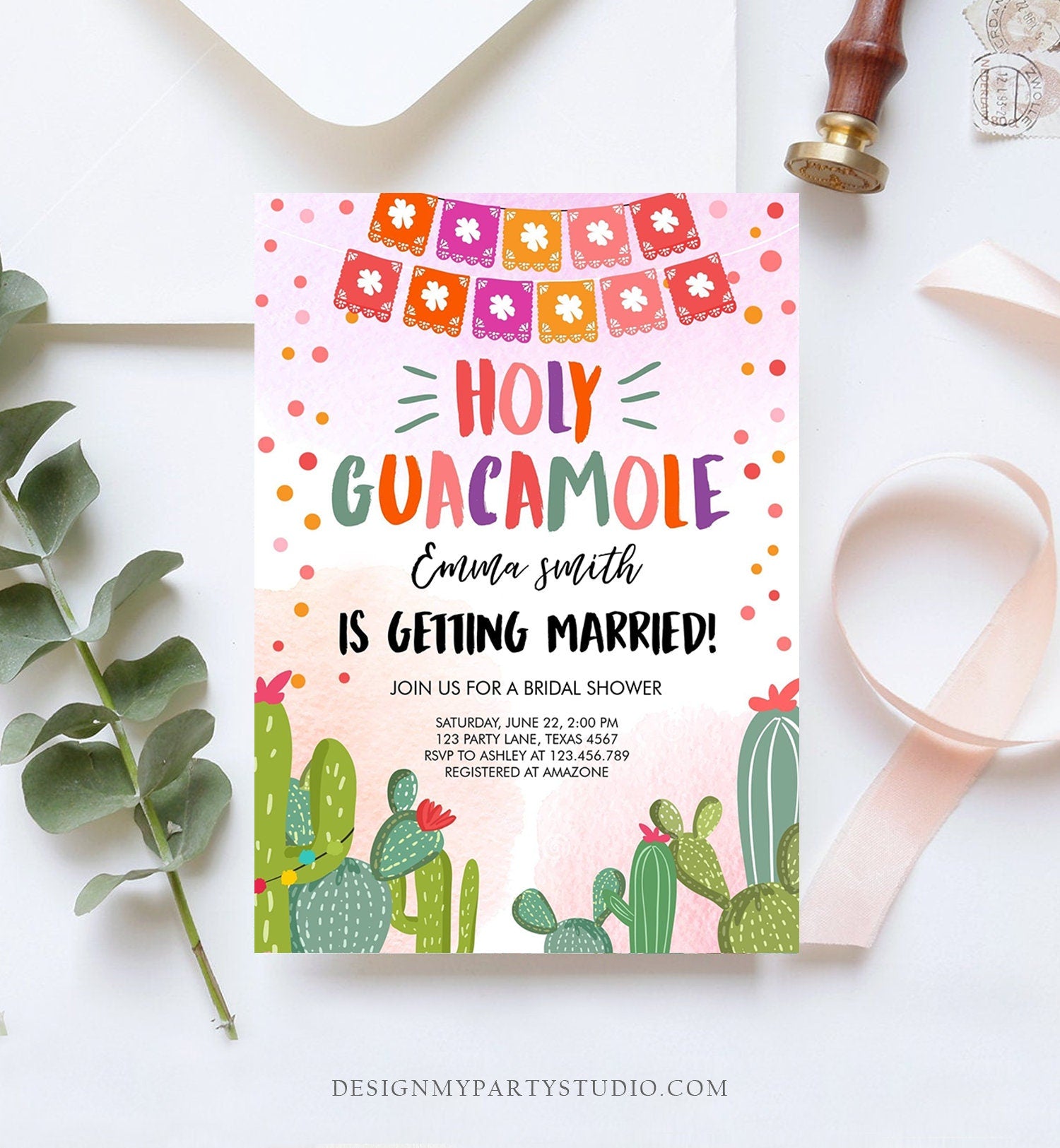 Editable Holy Guacamole Bridal Shower Invitation Fiesta Couples Shower Cactus Succulent Mexican Download Corjl Template Printable 0135