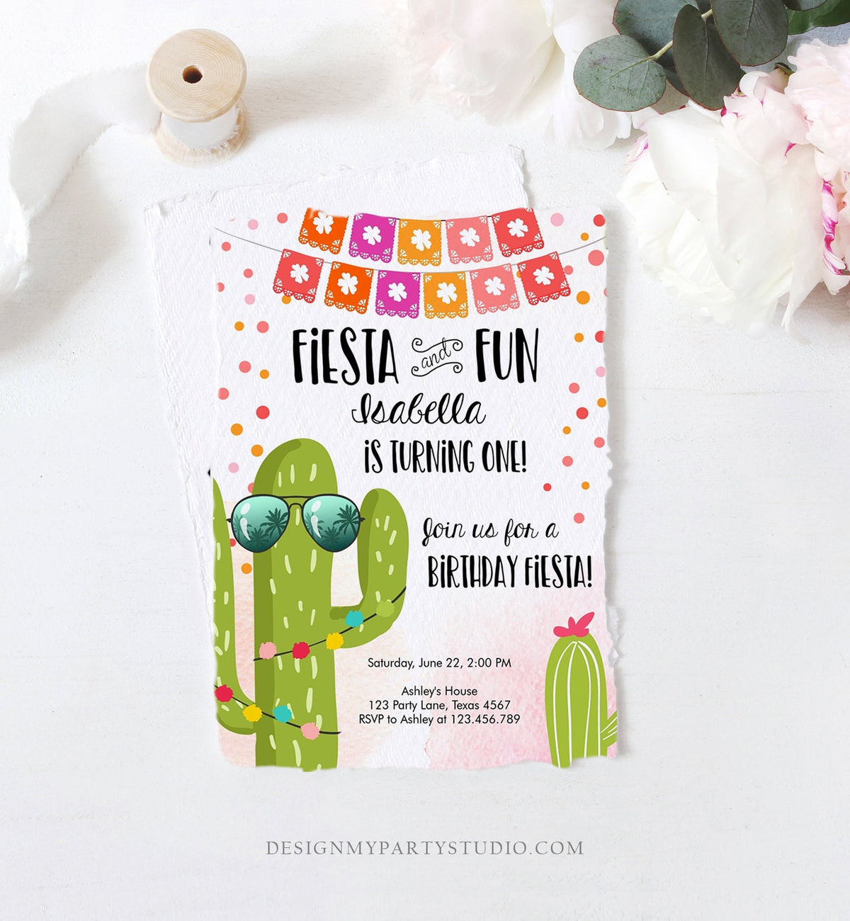 Funzilla Invitations Editable Fiesta and Fun Birthday Invitation First Fiesta Cactus Pink G ...