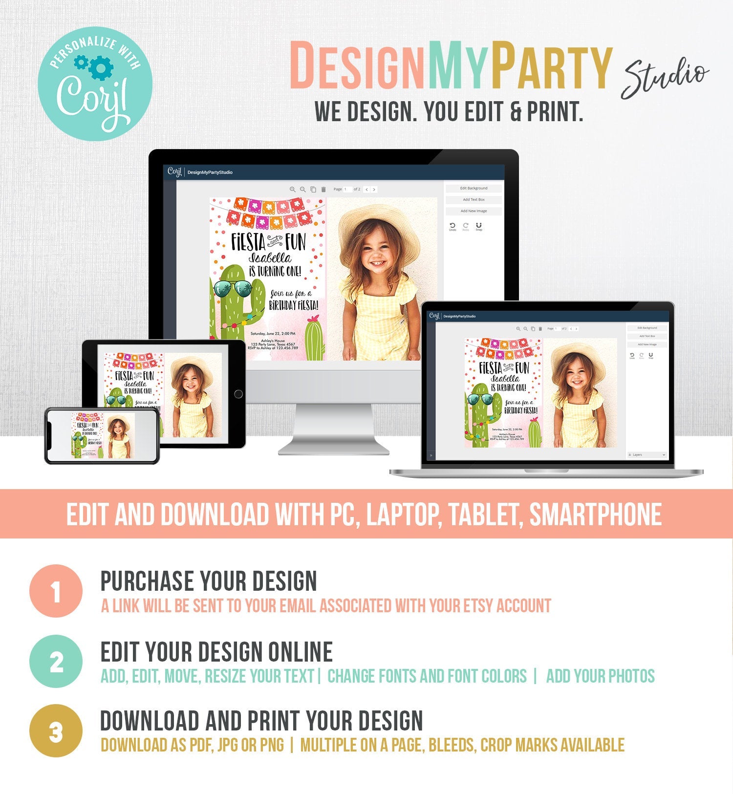 Editable Fiesta and Fun Birthday Invitation First Fiesta Cactus Pink Girl ANY AGE Instant Download Printable Invitation Template Corjl 0135