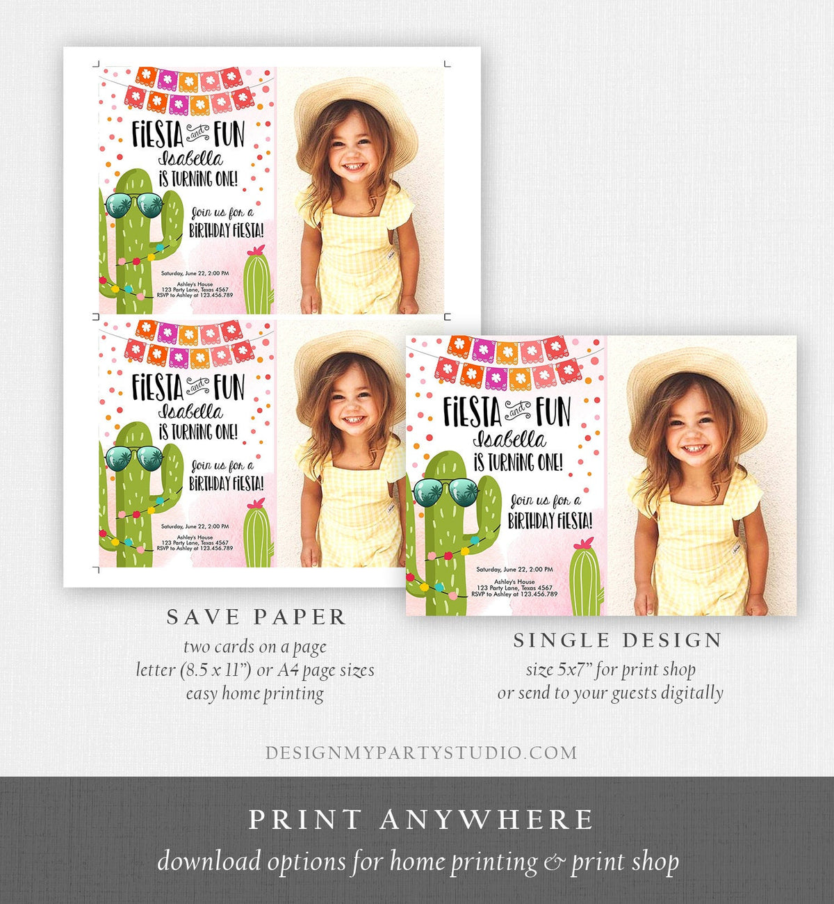 Editable Fiesta and Fun Birthday Invitation First Fiesta Cactus Pink Girl ANY AGE Instant Download Printable Invitation Template Corjl 0135