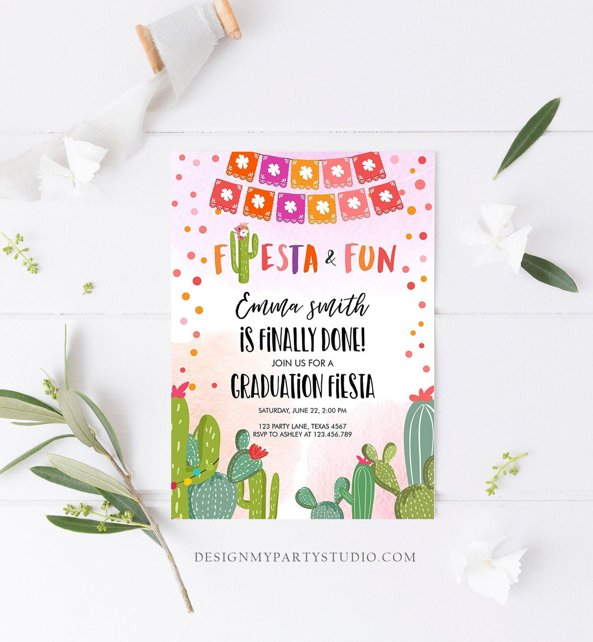 Editable Fiesta and Fun Graduation Party Invitation Finally Done Let&#39;s Fiesta Mexican Cactus Pink Girl Template Download Digital Corjl 0135