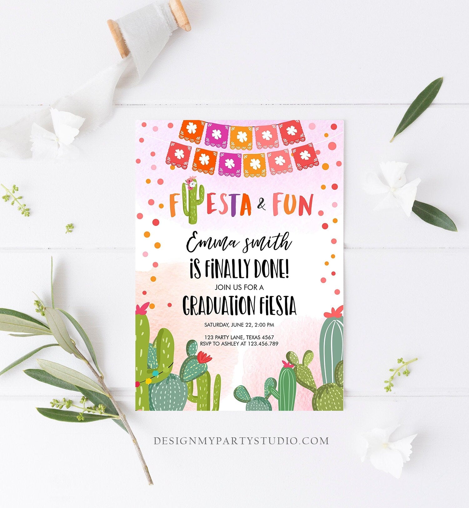 Editable Fiesta and Fun Graduation Party Invitation Finally Done Let's Fiesta Mexican Cactus Pink Girl Template Download Digital Corjl 0135