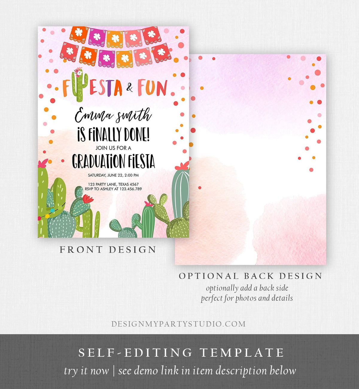 Editable Fiesta and Fun Graduation Party Invitation Finally Done Let&#39;s Fiesta Mexican Cactus Pink Girl Template Download Digital Corjl 0135