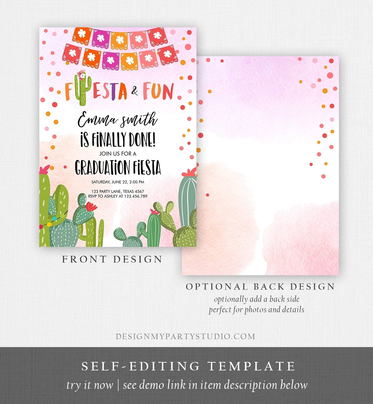 Editable Fiesta and Fun Graduation Party Invitation Finally Done Let's Fiesta Mexican Cactus Pink Girl Template Download Digital Corjl 0135