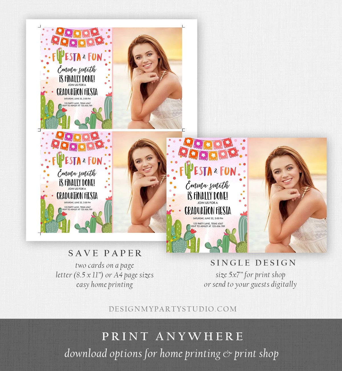 Editable Fiesta and Fun Graduation Party Invitation Finally Done Let&#39;s Fiesta Mexican Cactus Pink Girl Template Download Digital Corjl 0135