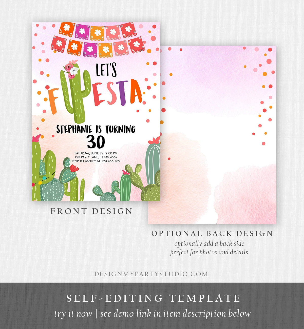 Editable ANY AGE Fiesta Birthday Invitation Let&#39;s Fiesta Adult Mexican Thirty Birthday Party Pink Cactus 30th Corjl Template Printable 0135
