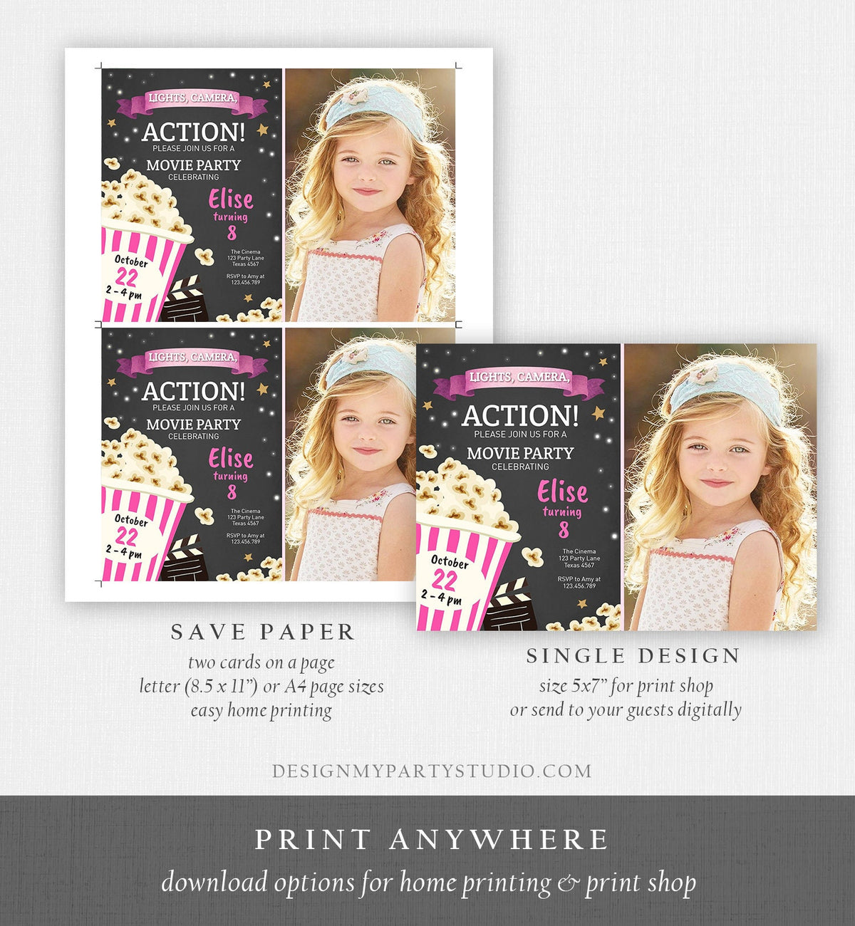 Editable Movie Night Birthday Invitation Pink Girl Movie Invite Cinema Party Backyard Movie Popcorn Download Printable Template Corjl 0182