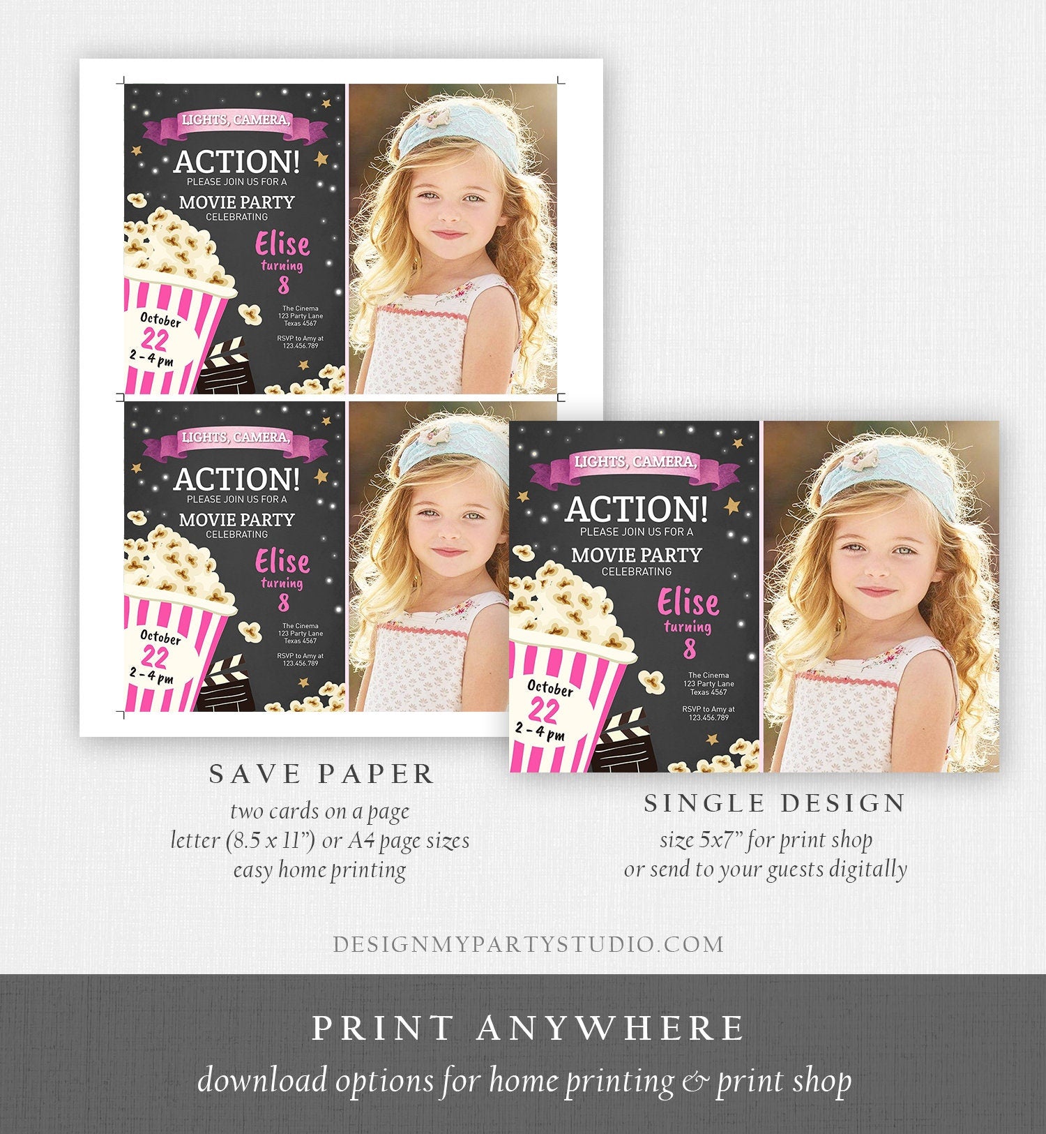 Editable Movie Night Birthday Invitation Pink Girl Movie Invite Cinema Party Backyard Movie Popcorn Download Printable Template Corjl 0182