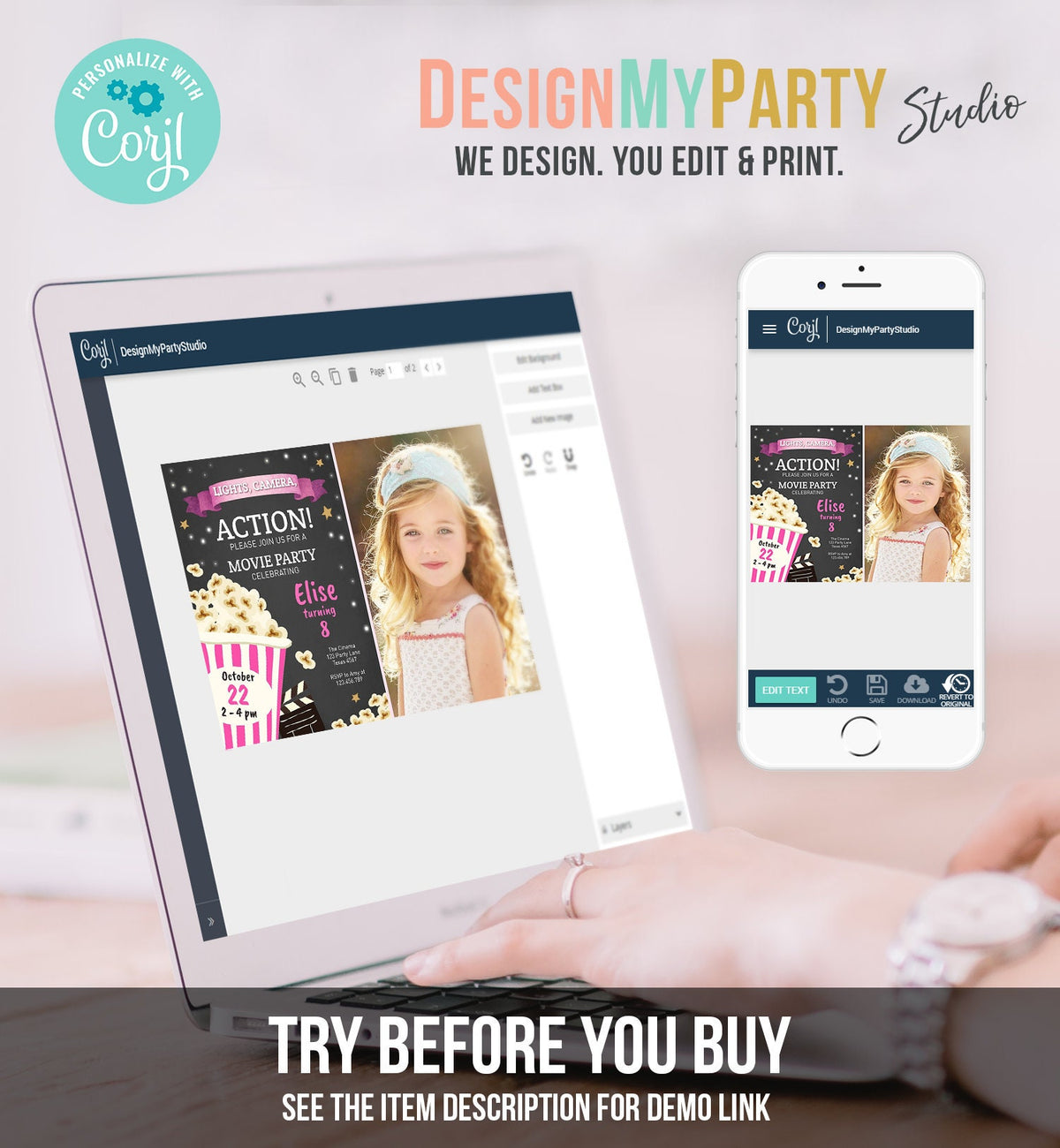 Editable Movie Night Birthday Invitation Pink Girl Movie Invite Cinema Party Backyard Movie Popcorn Download Printable Template Corjl 0182